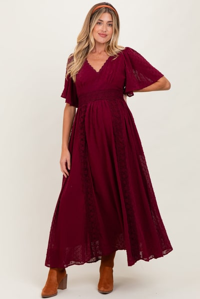 PinkBlush Burgundy Swiss Dot Crochet Lace Accent Maternity Maxi Dress