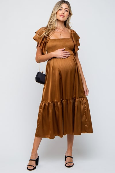 PinkBlush Camel Satin Flutter Sleeve Maternity Midi Dress