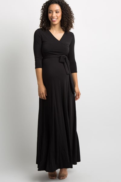 PinkBlush Black Solid Sash Tie Maternity Maxi Dress