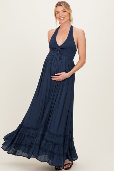 PinkBlush Navy Halter Neck Smocked Maternity Maxi Dress