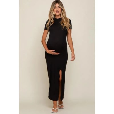 Target Pinkblush Black Mock Neck Front Slit Short Sleeve Maternity Maxi Dress Large