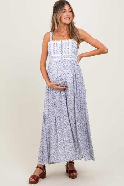PinkBlush Light Blue Floral Button Down Sleeveless Maternity Maxi Dress