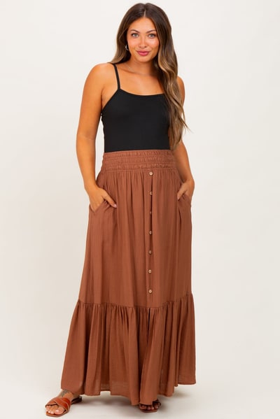 PinkBlush Mocha Smocked Waist Button Accent Maternity Maxi Skirt
