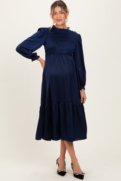 PinkBlush Navy Mock Neck Satin Smocked Chest Maternity Dress