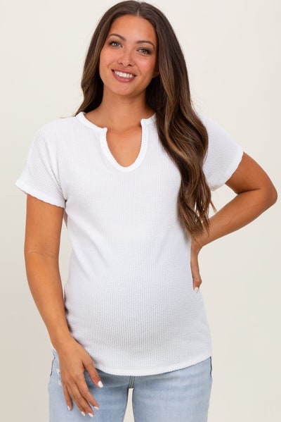 PinkBlush White Ribbed Notched Neckline Maternity Top