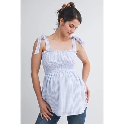 Target Hello Miz Women's Striped Smocked Square Neck Tie Strap Maternity Top - Chambray - Small