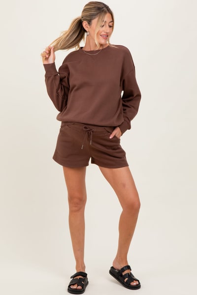 PinkBlush Brown Fleece Sweatshirt Shorts Maternity Set