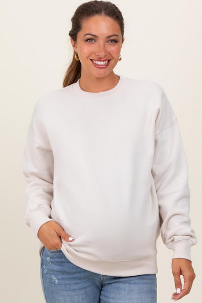 PinkBlush Cream Fleece Crew Neck Relaxed Fit Maternity Sweatshirt