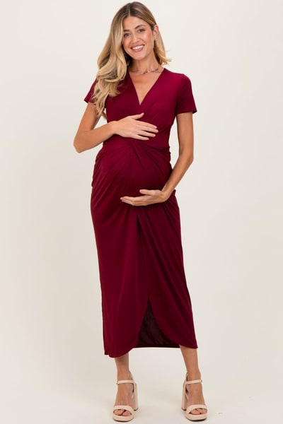 PinkBlush Burgundy Gathered Front Short Sleeve Maternity Maxi Dress