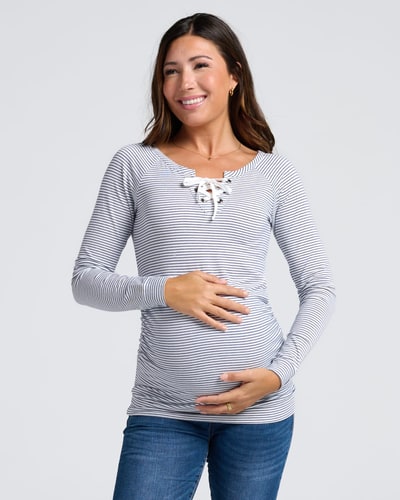 Angel Maternity Long Sleeve Nursing Top - Navy & White Stripes