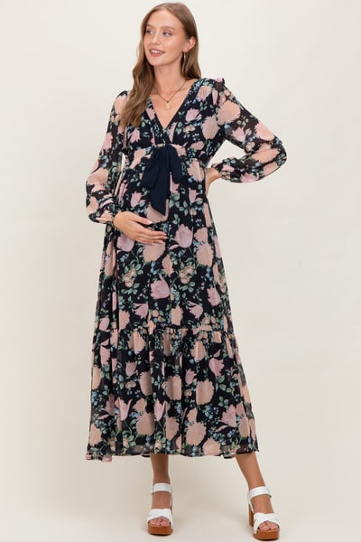 PinkBlush Navy Floral Chiffon Bow Tie Front Maternity Maxi Dress