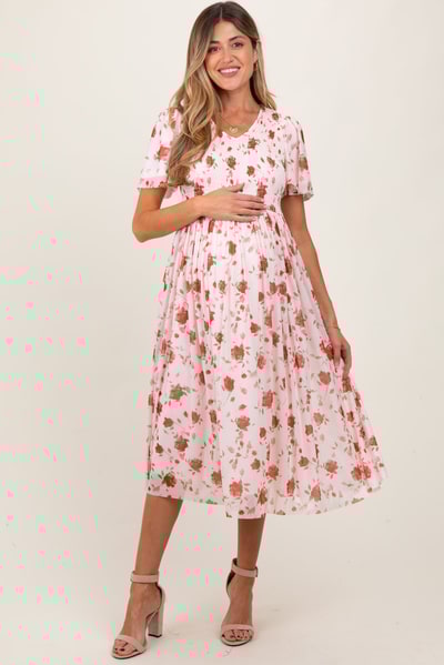 PinkBlush Light Pink Floral Smocked V-Neck Maternity Midi Dress