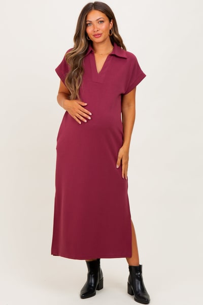 PinkBlush Burgundy Collared Short Sleeve Maternity Midi Dress
