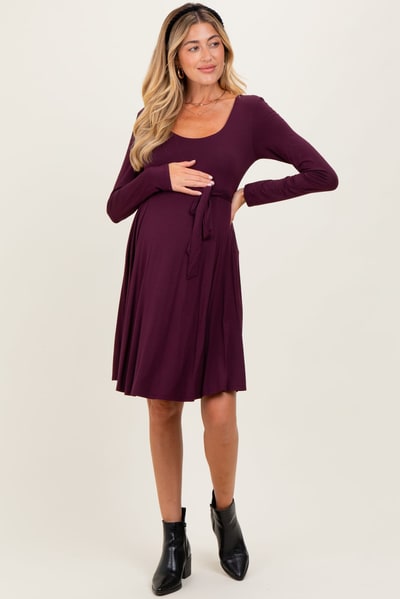 PinkBlush Plum Scoop Neck Long Sleeve Waist Tie Maternity Dress