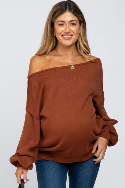 PinkBlush Camel Boat Neck Bubble Sleeve Maternity Sweater