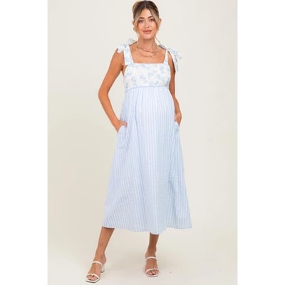 Target Pinkblush Light Blue Floral Contrast Stripe Shoulder Tie Maternity Midi Dress Small