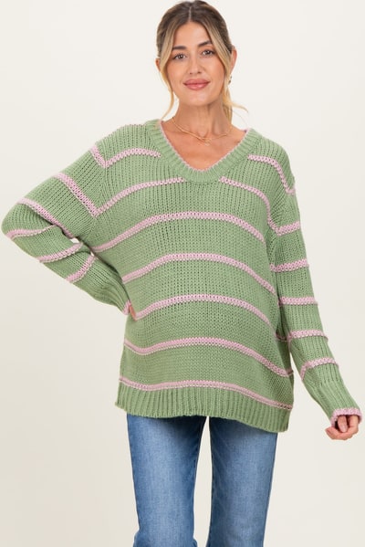 PinkBlush Light Olive Pink Striped Boxy Maternity Sweater