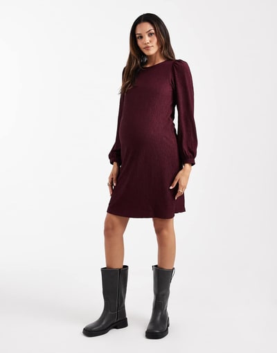 ASOS Vero Moda Maternity plisse blouson sleeve mini dress in burgundy