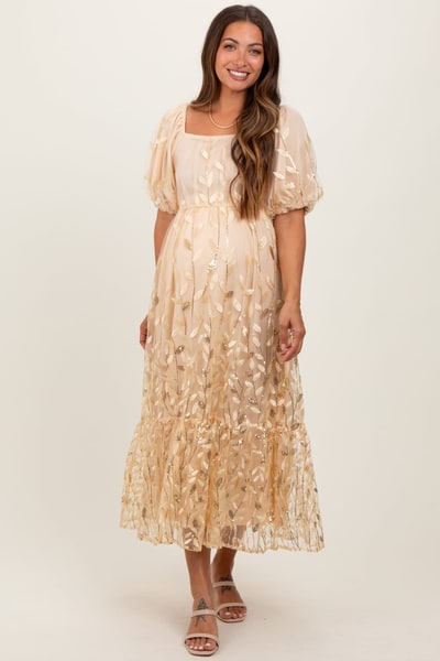 PinkBlush Cream Embroidered Sequin Detail Mesh Overlay Maternity Maxi Dress