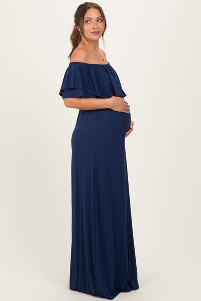 PinkBlush Navy Ruffle Off Shoulder Maternity Maxi Dress