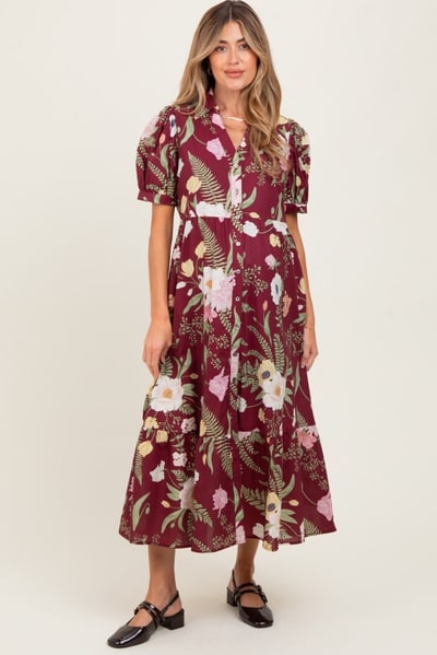 PinkBlush Burgundy Floral Puff Sleeve Button Down Maternity Midi Dress