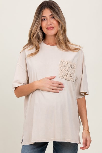PinkBlush Light Beige Mineral Wash Crochet Pocket Maternity Top