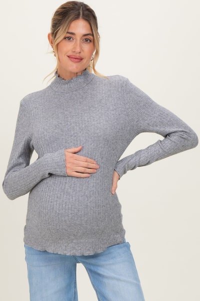 PinkBlush Heather Grey Ribbed Mock Neck Ruffle Hem Maternity Long Sleeve Top