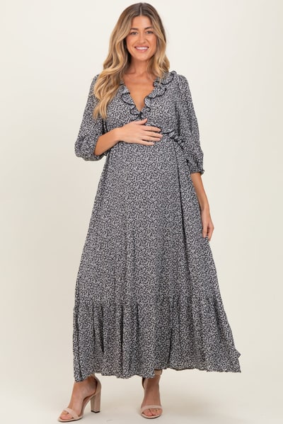PinkBlush Black Ditzy Floral Long Sleeve Ruffle V-Neck Tiered Maternity Maxi Dress