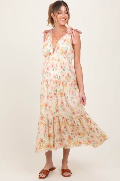 PinkBlush Cream Floral Shoulder Tie Deep V-Neck Tiered Maternity Maxi Dress