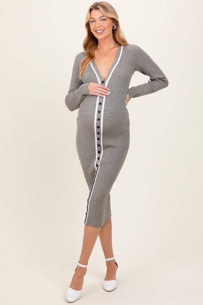 PinkBlush Charcoal Knit Contrast Stripe Button Down Maternity Dress