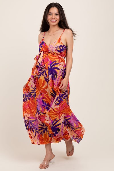 PinkBlush Orange Tropical Sash Tie Maternity Maxi Dress