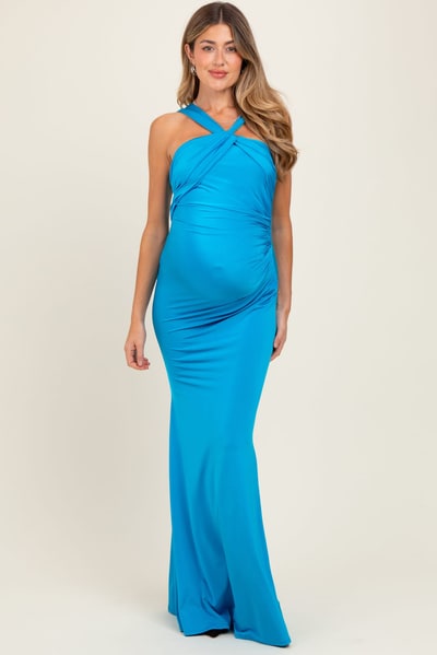 PinkBlush Turquoise Twist Front Ruched Maternity Maxi Dress