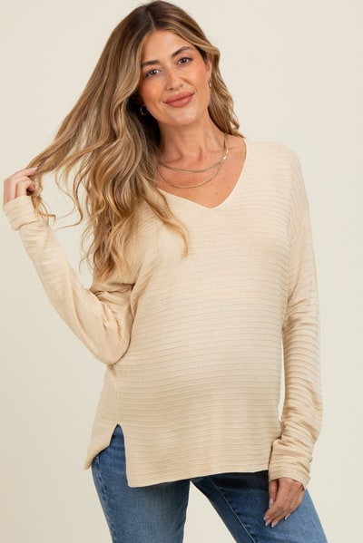 PinkBlush Cream Striped Knit Maternity Long Sleeve Top