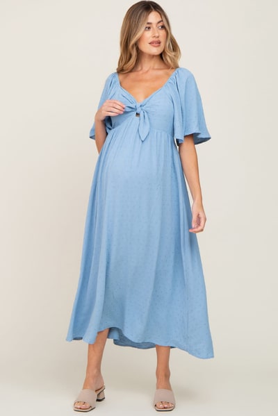 PinkBlush Blue Textured Dot Front Tie Ruffle Sleeve Maternity Midi Dress