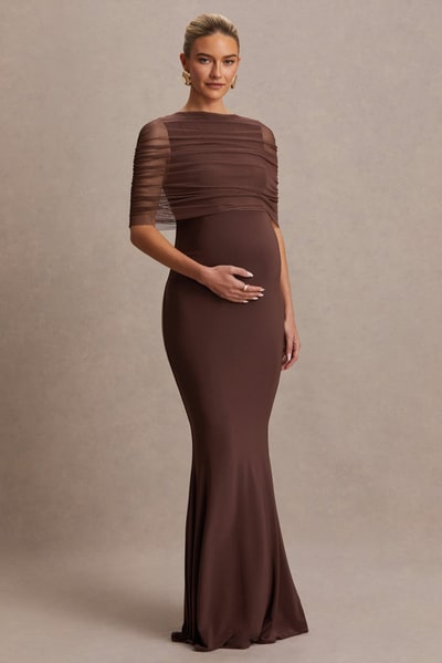 Club L London Zaria | Brown Crew-Neck Maternity Maxi Dress With Cape-Overlay