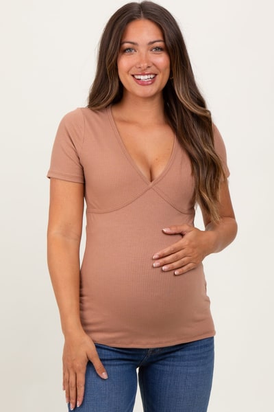 PinkBlush Mocha Solid Ribbed Short Sleeve V-Neck Basic Maternity Top