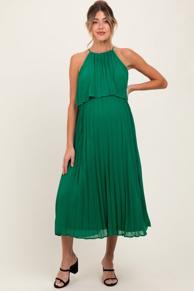 PinkBlush Green Pleated Woven Maternity Midi Dress