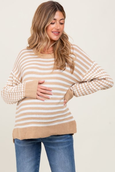 PinkBlush Taupe Striped Dot Contrast Knit Maternity Sweater