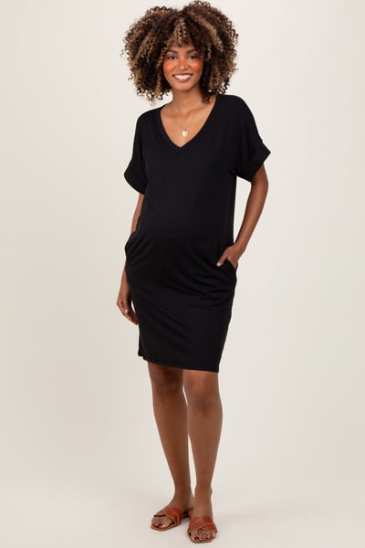 PinkBlush Black Brushed Rolled Short Sleeve V-Neck Maternity Dress