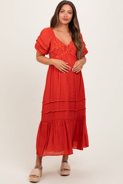 PinkBlush Rust Crochet Detail Bodice Maternity Midi Dress