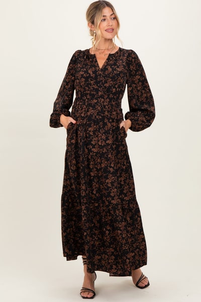 PinkBlush Black Floral Smocked Waist Long Sleeve Maternity Midi Dress