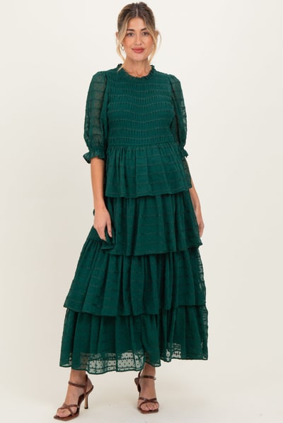 PinkBlush Forest Green Smocked Swiss Dot Tiered Maternity Maxi Dress