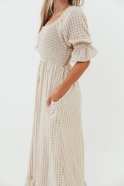 Worth Collective Sienna 100% Cotton Puff Sleeve Maxi Dress in Natural Plaid (Lined) - Bump Friendly