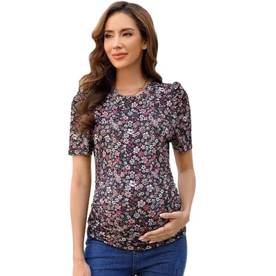 Target Clearlove Maternity Casual Shirts Women's Puff Short Sleeve T-Shirt Pregnancy Striped Ruched Side Tunic Top Black&flowers Small