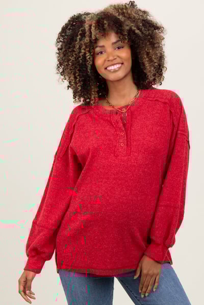 PinkBlush Red Oversized Ribbed Knit Henley Maternity Sweater