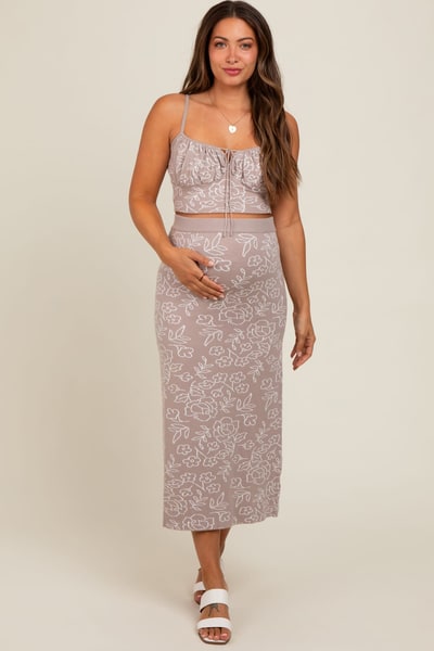 PinkBlush Light Taupe Floral Knit Crop Top and Midi Skirt Maternity Set