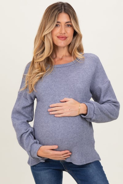 PinkBlush Denim Blue Puff Sleeve Solid Maternity Sweater Top