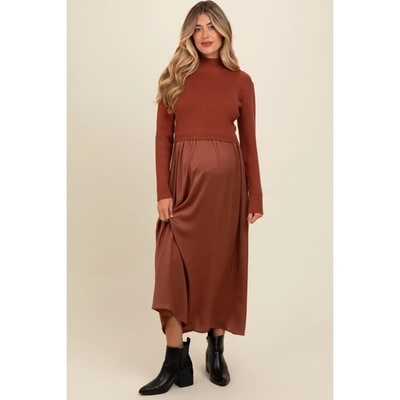 Target Pinkblush Brown Knit Contrast Top Satin Maternity Midi Dress Small