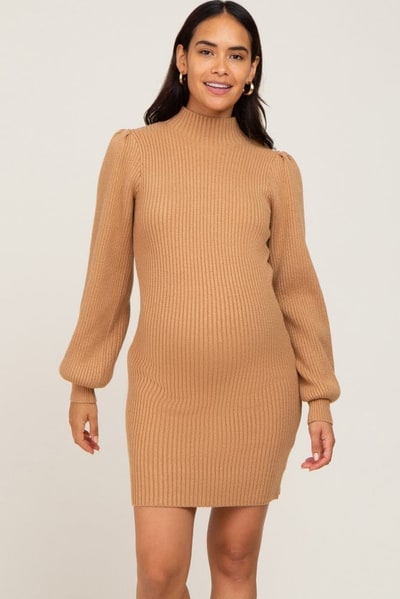 PinkBlush Camel Mock Neck Puff Sleeve Maternity Sweater Dress