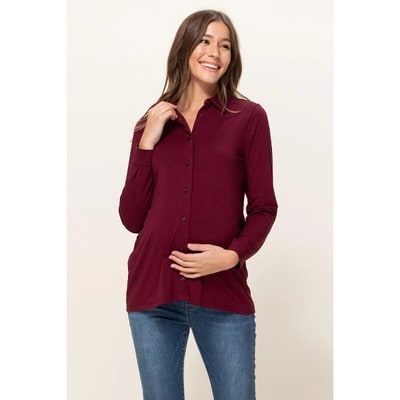 Target Hello Miz Women's Collared Button Up Long Sleeve Maternity Top - Burgundy - X Large